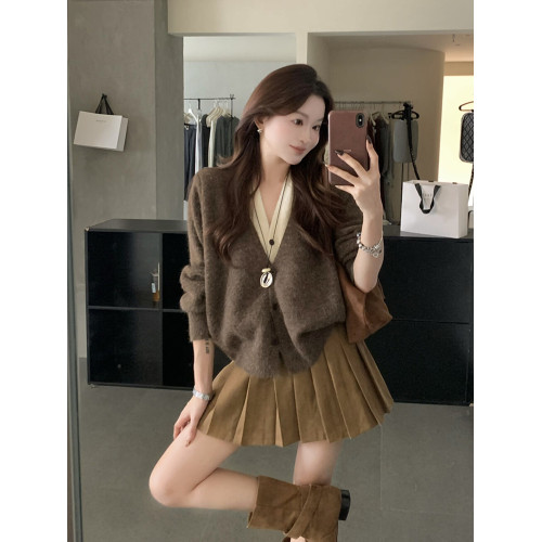 復古咖色假兩件v領針織開衫女秋冬季法式松弛感寬松毛衣外套上衣