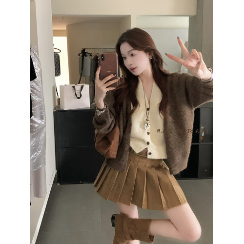 復古咖色假兩件v領針織開衫女秋冬季法式松弛感寬松毛衣外套上衣