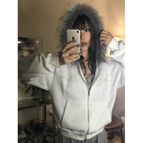 Up and on 韓系街頭個性刺綉字母百搭毛領雙拉鍊加絨連帽衛衣外套 Up and on 韓系街頭個性刺綉字母百搭毛領雙拉鍊加絨連帽衛衣外套