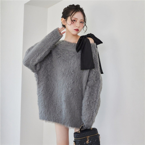 NC1013  25件秋冬新款日系拉毛慵嬾感一字領中長款毛衣女