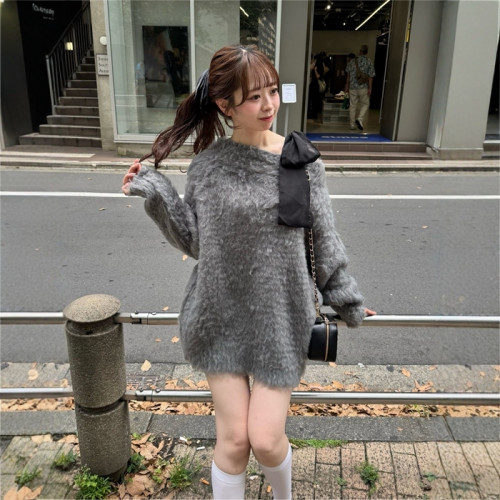 NC1013  25件秋冬新款日系拉毛慵嬾感一字領中長款毛衣女