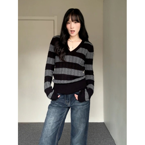 慵懶風復古條紋麻花長袖毛衣女秋冬季2025新款高級感寬松針織上衣 慵懶風復古條紋麻花長袖毛衣女秋冬季2025新款高級感寬松針織上衣