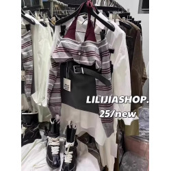 韓國東大門秋季新款洋氣時尚顯瘦百搭條紋掛脖露肩長袖針織上衣女