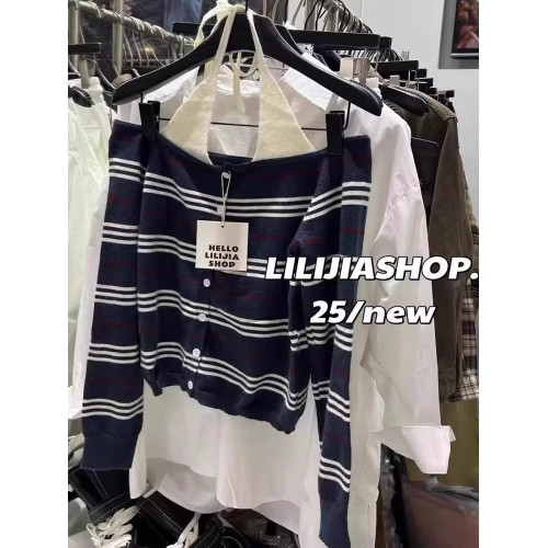 韓國東大門秋季新款洋氣時尚顯瘦百搭條紋掛脖露肩長袖針織上衣女