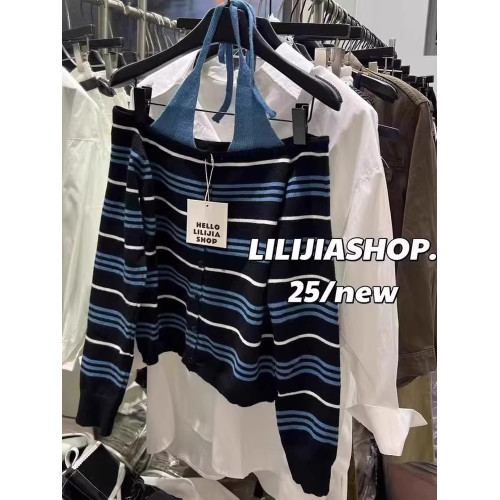 韓國東大門秋季新款洋氣時尚顯瘦百搭條紋掛脖露肩長袖針織上衣女