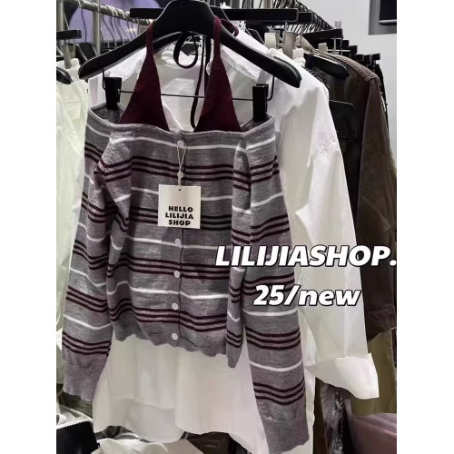 韓國東大門秋季新款洋氣時尚顯瘦百搭條紋掛脖露肩長袖針織上衣女