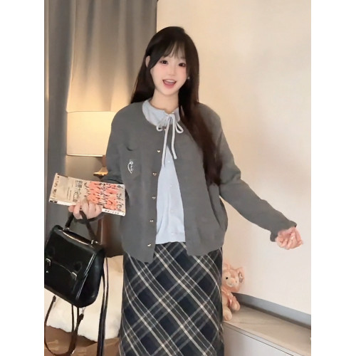 大碼胖mm韓系學院風圓領假兩件針織衫女秋冬顯瘦百搭長袖開衫上衣