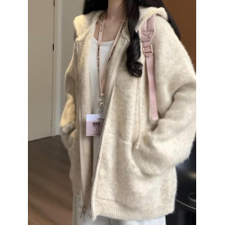 慵懶感軟糯連帽針織衛衣開衫女秋冬松弛感外搭寬松韓系毛衣外套潮