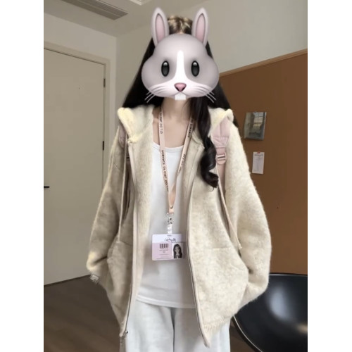 慵懶感軟糯連帽針織衛衣開衫女秋冬松弛感外搭寬松韓系毛衣外套潮