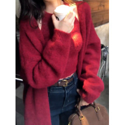 慵懶高級感秋季穿搭紅色毛衣開衫外套女秋冬針織2025新款上衣套裝