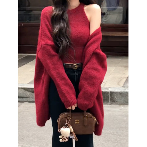 慵懶高級感秋季穿搭紅色毛衣開衫外套女秋冬針織2025新款上衣套裝 慵懶高級感秋季穿搭紅色毛衣開衫外套女秋冬針織2025新款上衣套裝