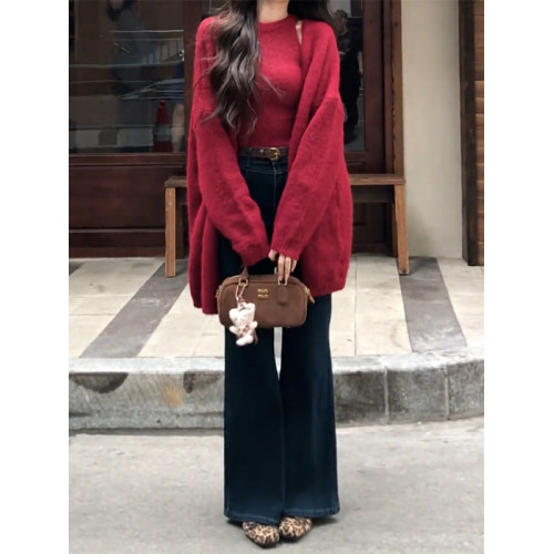 慵懶高級感秋季穿搭紅色毛衣開衫外套女秋冬針織2025新款上衣套裝 慵懶高級感秋季穿搭紅色毛衣開衫外套女秋冬針織2025新款上衣套裝