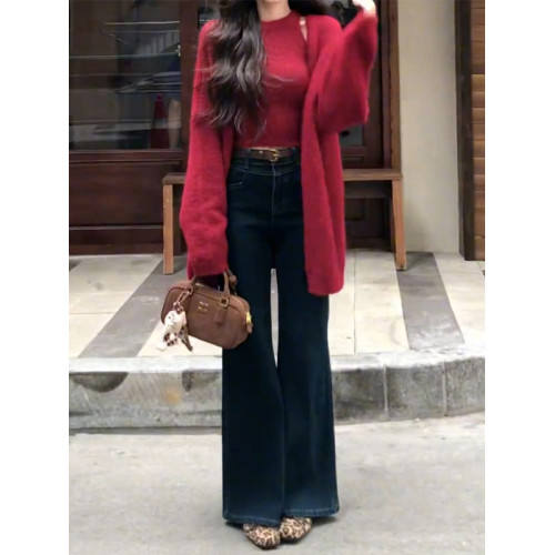 慵懶高級感秋季穿搭紅色毛衣開衫外套女秋冬針織2025新款上衣套裝 慵懶高級感秋季穿搭紅色毛衣開衫外套女秋冬針織2025新款上衣套裝