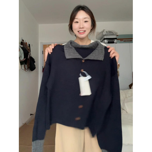 韓系氛圍感翻領毛衣開衫外套女早秋2025新款慵懶風高級感針織上衣