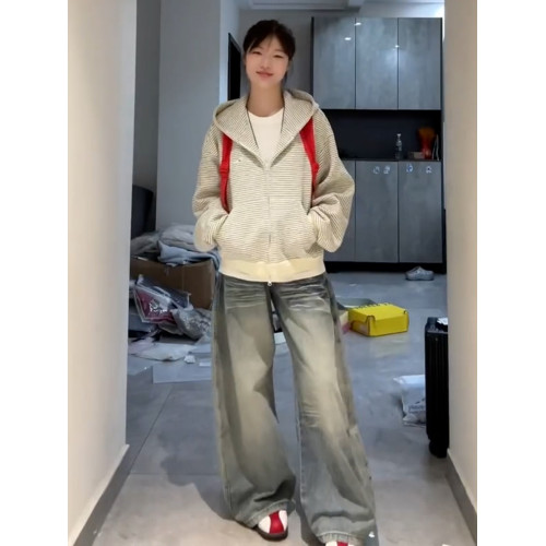 韓系灰色條紋連帽衛衣外套女春秋季2025新爆款小個子開衫短款上衣 韓系灰色條紋連帽衛衣外套女春秋季2025新爆款小個子開衫短款上衣