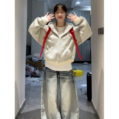 韓系灰色條紋連帽衛衣外套女春秋季2025新爆款小個子開衫短款上衣 韓系灰色條紋連帽衛衣外套女春秋季2025新爆款小個子開衫短款上衣