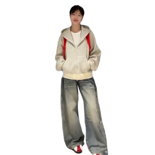 韓系灰色條紋連帽衛衣外套女春秋季2025新爆款小個子開衫短款上衣 韓系灰色條紋連帽衛衣外套女春秋季2025新爆款小個子開衫短款上衣