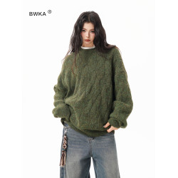 美式仙蹤綠麻花紋圓領毛衣女男秋季復古寬松休閒百搭針織上衣情侶