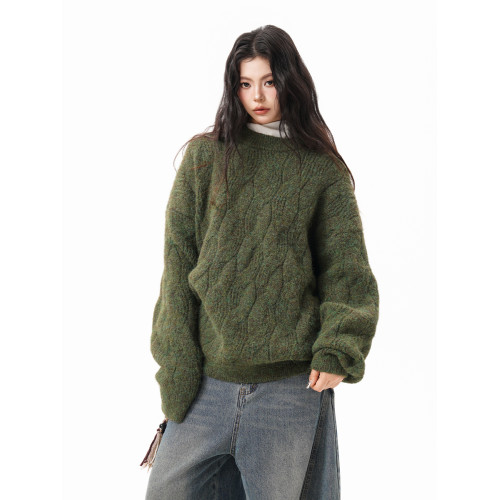 美式仙蹤綠麻花紋圓領毛衣女男秋季復古寬松休閒百搭針織上衣情侶 美式仙蹤綠麻花紋圓領毛衣女男秋季復古寬松休閒百搭針織上衣情侶