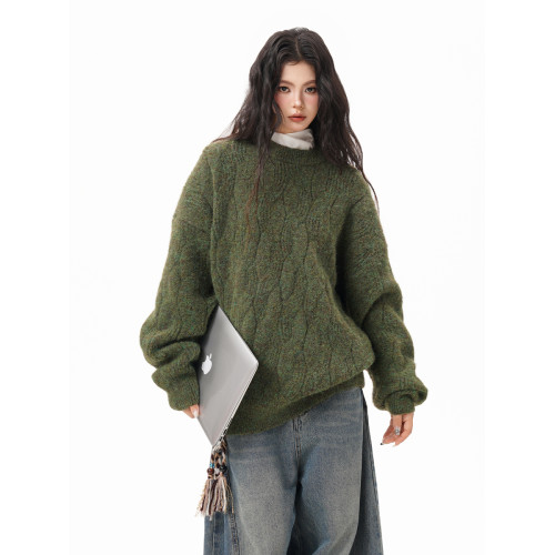 美式仙蹤綠麻花紋圓領毛衣女男秋季復古寬松休閒百搭針織上衣情侶 美式仙蹤綠麻花紋圓領毛衣女男秋季復古寬松休閒百搭針織上衣情侶