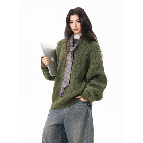 美式仙蹤綠麻花紋圓領毛衣女男秋季復古寬松休閒百搭針織上衣情侶 美式仙蹤綠麻花紋圓領毛衣女男秋季復古寬松休閒百搭針織上衣情侶