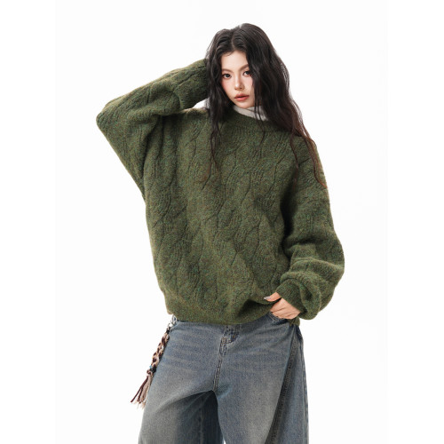 美式仙蹤綠麻花紋圓領毛衣女男秋季復古寬松休閒百搭針織上衣情侶 美式仙蹤綠麻花紋圓領毛衣女男秋季復古寬松休閒百搭針織上衣情侶