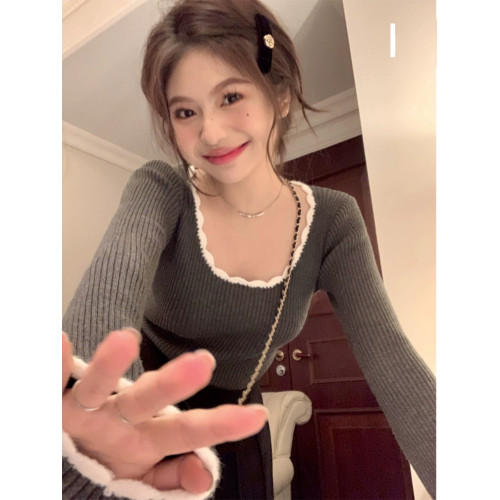 拼色方領針織衫女秋冬新款長袖修身顯瘦打底毛衣高級感內搭上衣潮