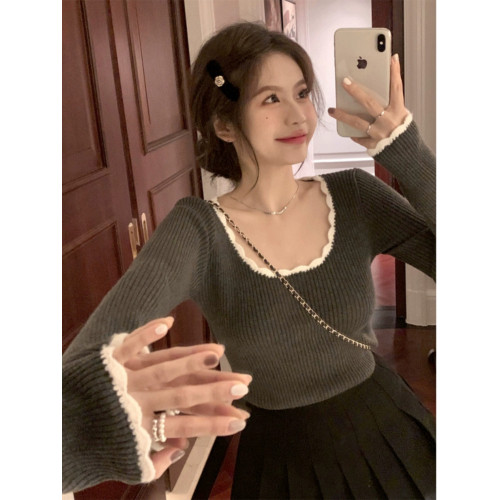 拼色方領針織衫女秋冬新款長袖修身顯瘦打底毛衣高級感內搭上衣潮