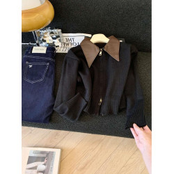 韓系氛圍穿搭！復古撞色翻領雙拉鍊毛衣外套女秋冬新款針織開衫潮