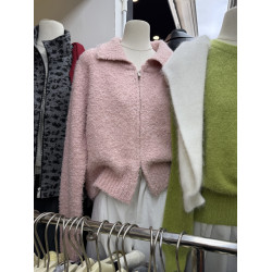 韓版秋季新款圈圈毛針織文藝通勤百搭長袖立領雙向拉鍊毛衫上衣女