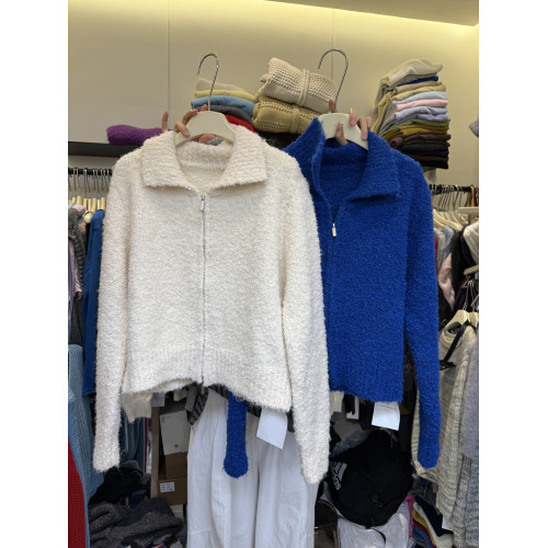 韓版秋季新款圈圈毛針織文藝通勤百搭長袖立領雙向拉鍊毛衫上衣女