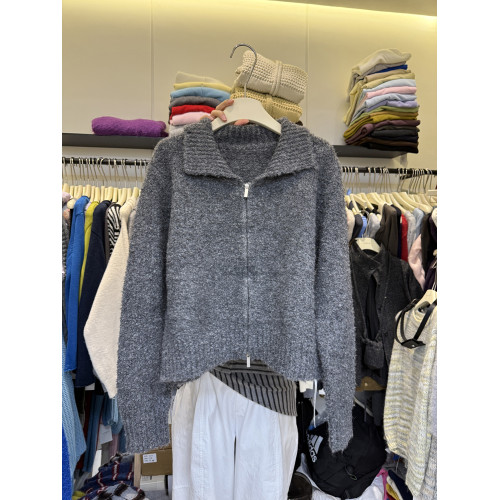 韓版秋季新款圈圈毛針織文藝通勤百搭長袖立領雙向拉鍊毛衫上衣女