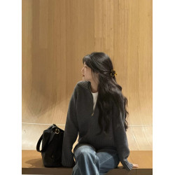 韓系復古翻領拉鍊毛衣開衫寬松通勤灰色針織衫上衣秋季穿搭外套女