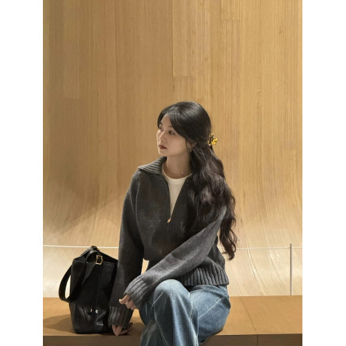 韓系復古翻領拉鍊毛衣開衫寬松通勤灰色針織衫上衣秋季穿搭外套女