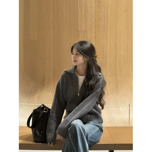 韓系復古翻領拉鍊毛衣開衫寬松通勤灰色針織衫上衣秋季穿搭外套女