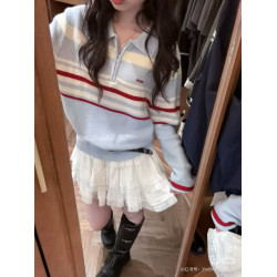 韓國東大門~車靜媛同款原版撞色條紋polo針織衫 早秋氛圍感穿搭女