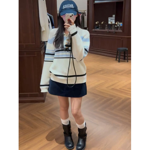 韓國東大門~車靜媛同款原版撞色條紋polo針織衫 早秋氛圍感穿搭女