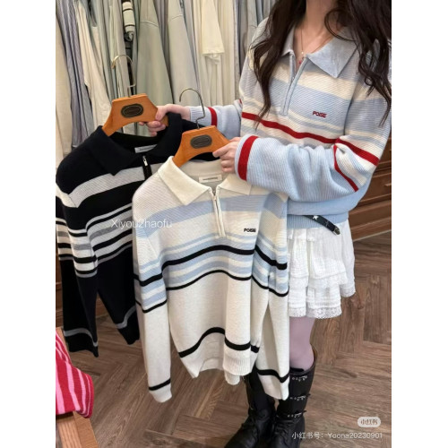 韓國東大門~車靜媛同款原版撞色條紋polo針織衫 早秋氛圍感穿搭女