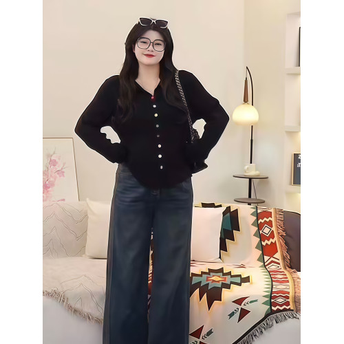 大碼黑色修身正肩開衫針織衫秋季胖MM彩色遮肉顯瘦打底衫上衣女