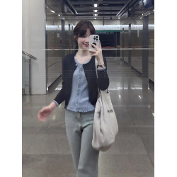 撞色拼接假兩件長袖針織開衫女秋季2025新款韓系顯瘦內搭外套上衣