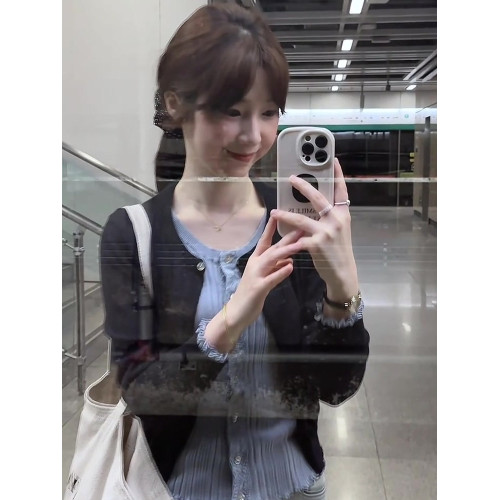 撞色拼接假兩件長袖針織開衫女秋季2025新款韓系顯瘦內搭外套上衣