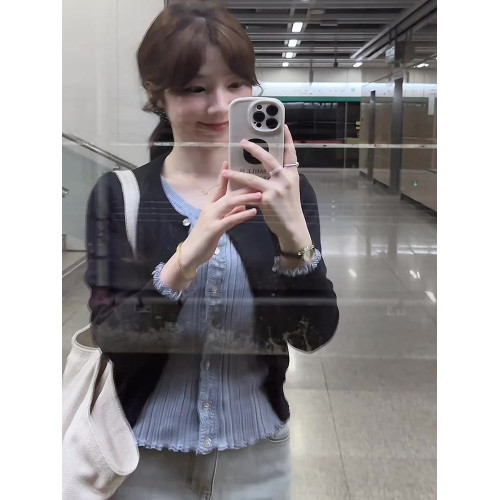 撞色拼接假兩件長袖針織開衫女秋季2025新款韓系顯瘦內搭外套上衣