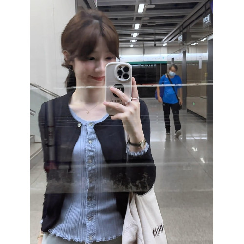 撞色拼接假兩件長袖針織開衫女秋季2025新款韓系顯瘦內搭外套上衣