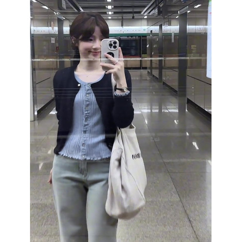 撞色拼接假兩件長袖針織開衫女秋季2025新款韓系顯瘦內搭外套上衣