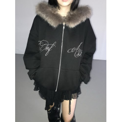 Up and on 韓系秋冬新款保暖毛毛邊連帽寬松加絨字母拉鍊衛衣外套