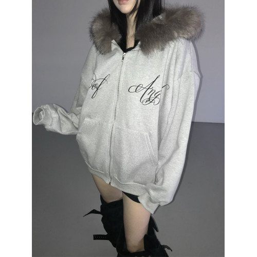 Up and on 韓系秋冬新款保暖毛毛邊連帽寬松加絨字母拉鍊衛衣外套 Up and on 韓系秋冬新款保暖毛毛邊連帽寬松加絨字母拉鍊衛衣外套