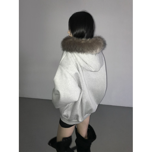 Up and on 韓系秋冬新款保暖毛毛邊連帽寬松加絨字母拉鍊衛衣外套 Up and on 韓系秋冬新款保暖毛毛邊連帽寬松加絨字母拉鍊衛衣外套