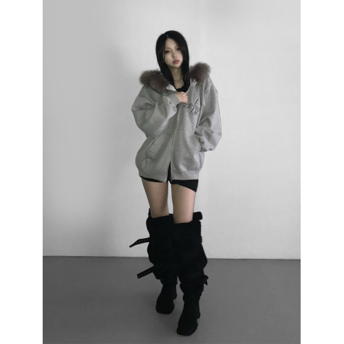 Up and on 韓系秋冬新款保暖毛毛邊連帽寬松加絨字母拉鍊衛衣外套 Up and on 韓系秋冬新款保暖毛毛邊連帽寬松加絨字母拉鍊衛衣外套