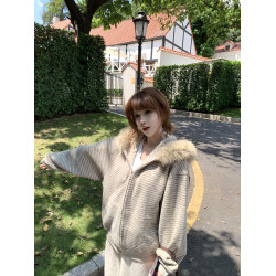 秋冬紋連帽衛衣毛領外套女2025新款小衆設計感休閒寬松美式開衫女