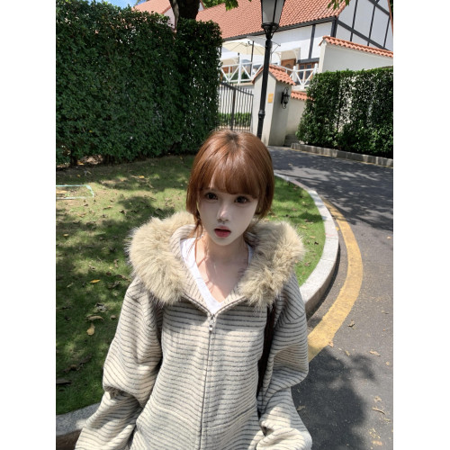 秋冬紋連帽衛衣毛領外套女2025新款小衆設計感休閒寬松美式開衫女 秋冬紋連帽衛衣毛領外套女2025新款小衆設計感休閒寬松美式開衫女